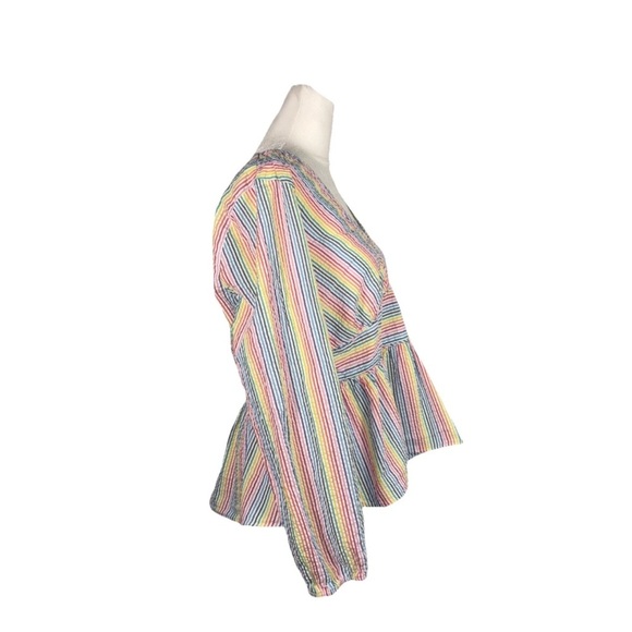 J Crew Womens V Neck Peplum Shirt In Rainbow Seersucker Size 14 - Picture 13 of 14